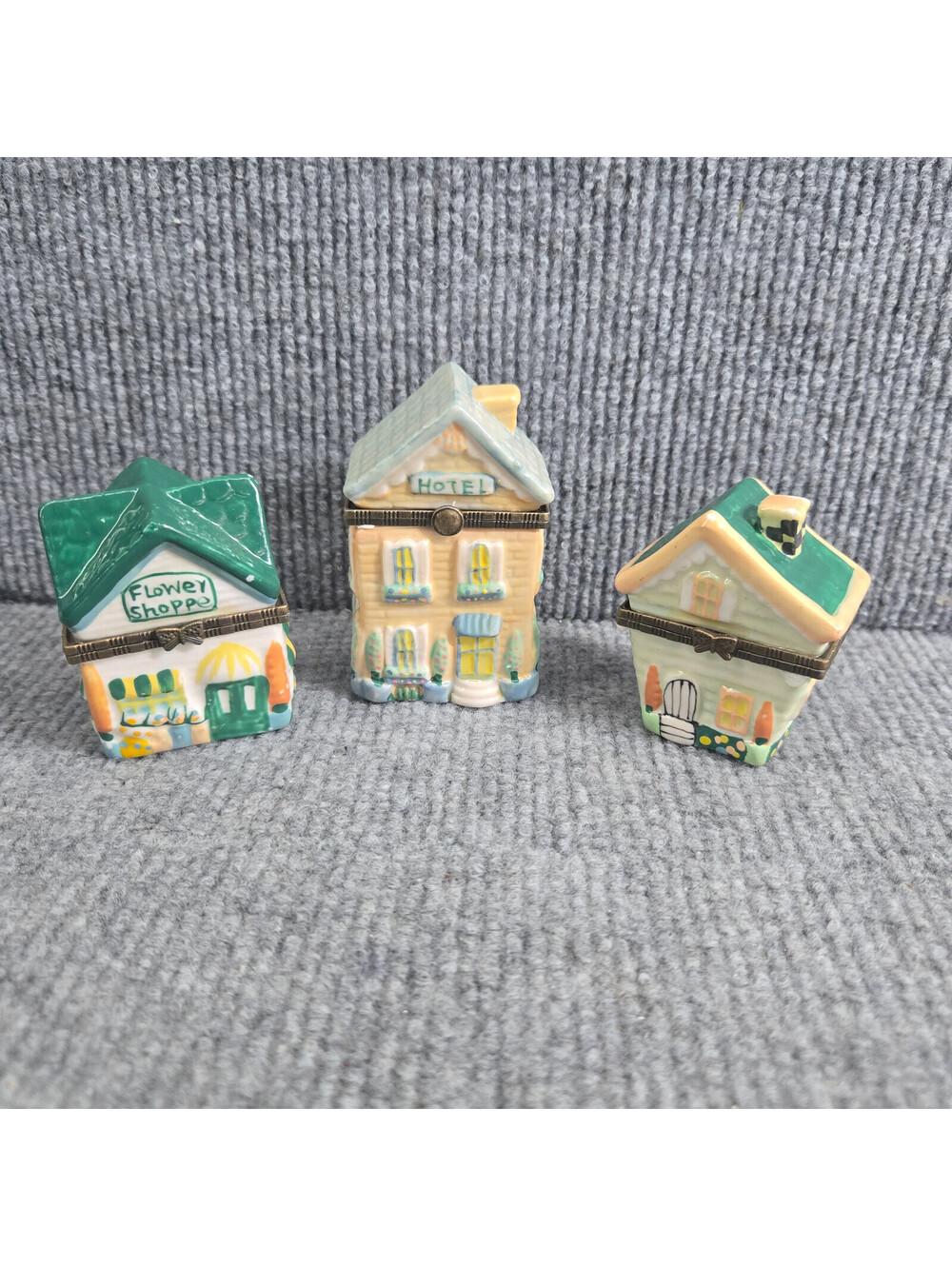 3 Ceramic House Trinket Boxes Flower Shoppe Hotel Cottage Set Easter Village